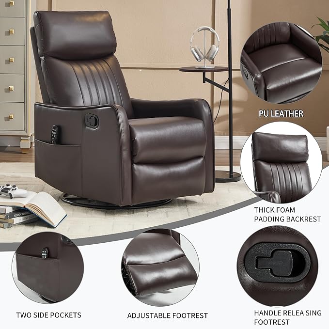 KEIKI Swivel Rocker Recliner Chair with Massage and Heated Pad for Living Room Synthetic Leather Glider with 360 Degree Rotation and Manual Recline