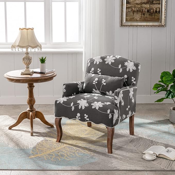 Mid Century Accent Chair Floral Reading Chair with Removable Pillow Wingback Arm Chair Upholstered Comfy Single Sofa for Living Room/Bedroom/Fireplace Grey 1PC