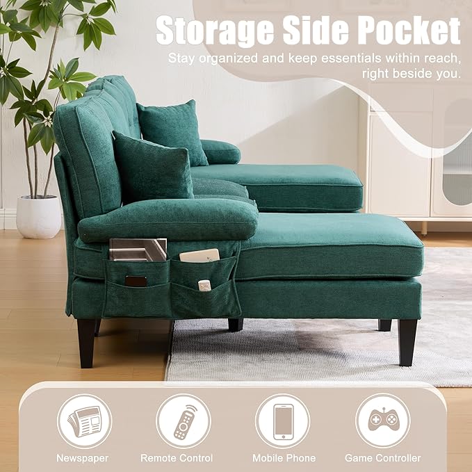 100'' U-Shaped Sectional Sofa with Double Chaise Minimalist 4-Seater Couch with 2 Pillows Sofa Set with Arm &amp 2 Side Pocket for Living Room Apartment (Green)