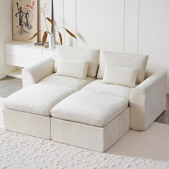 Modern Sectional Cloud Couch - 120'' Soft Modular Sectional Sofa – No Assembly Required - Deep Seat Couches with 2 Movable Ottomans - Oversized Chenille Sofa for Living Room - White