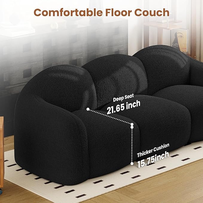 90.55 Inches 3-Seater Sofa Couch Modern Teddy Plush Boneless Sofa in a Box Soft Couches for Living Room Apartment No Assembly for Small Spaces Black