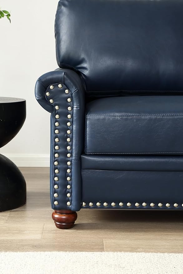 35 Faux Leather Pu Armchair Classic Vegan Leather Accent Chair Elegance Single Seat with Rolled Armrests Nailhead Trim Wood Legs Traditional Living Room 1 Seat-Navy Blue