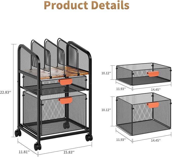Marbrasse Rolling File Cart with Adjustable Dividers Mobile File Cabinet on Lockable Wheels Office Filing Cabinet Organizer Hanging File Folder Organizer for Home Office - Dark Brown