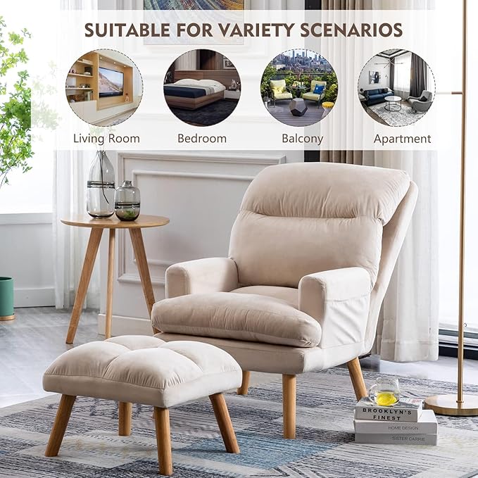 CANMOV Modern Accent Chair with Ottoman Set of 2 Soft Fabric Armchair with Adjustable Backrest and Side Pockets Comfy Lounge Chair for Living Room Bedroom Apartment Office Beige