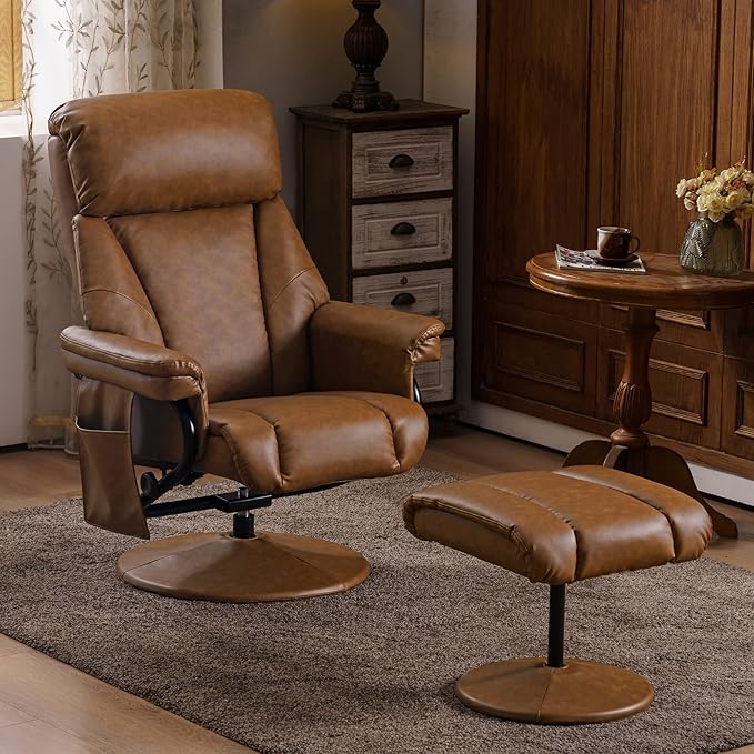 MCombo Swivel Recliner with Ottoman TV Chair with Vibration Massage Ideal for RV Small Space Living Room &amp Bedroom 4539 4828 (Faux Leather Saddle)