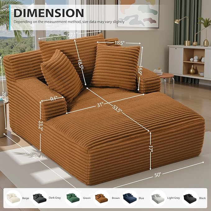 67 Inch Chaise Lounge Chair Indoor Oversized Corduroy Upholstered Boneless Sofa Bed Deep Seat Sleeper Couch Reading Chairs Cloud Sofas Couches for Living Room No Assembly Required (Orange)