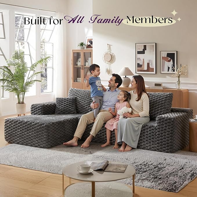 VanAcc 106’’ Oversized Modular Sectional Sofa Deep Seat Cloud Couch with Corduroy Upholstery L Shaped Boneless Sofas Easy No-Assembly Lounge Couches for Living Room Grey