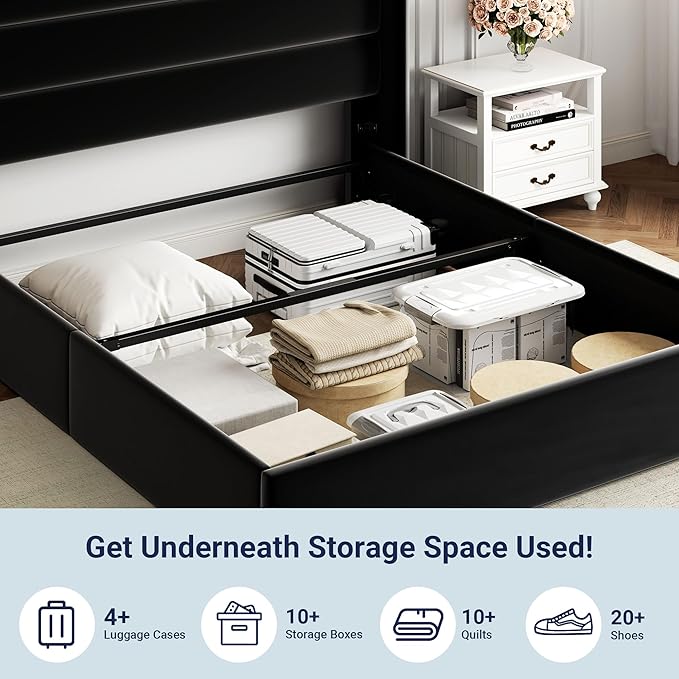 Allewie Full Size Velvet Lift Up Storage Bed Modern Wingback Headboard Hydraulic Support No Box Spring Needed Black