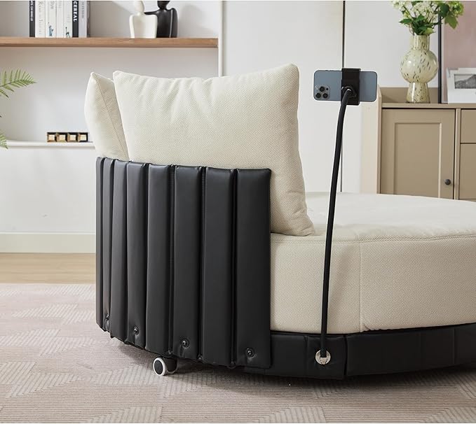 52.75'' Oversized Swivel Cuddle Chair 360° Swivel Round Sofa with Adjustable Phone Holder and 4 Pillows Beige Upholstered Round Loveseat with Rotating Pulley for Living Room Bedroom (Beige)