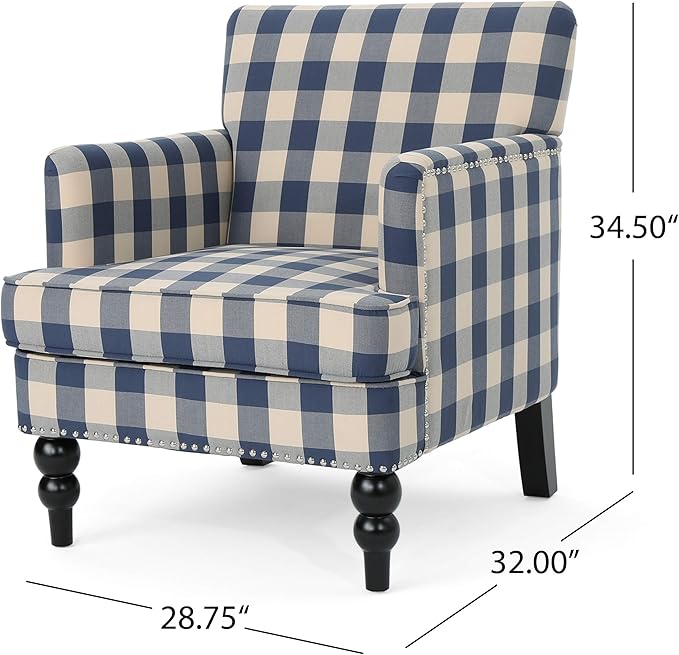 Christopher Knight Home Evete Tufted Fabric Club Chair Blue Checkerboard Dark Brown 32D x 28.75W x 34.5H in