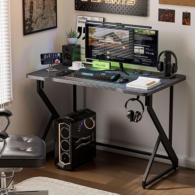 Grandder Gaming Desk Z Shaped 40 Inch Gamer Workstation Home Computer Carbon Fiber Surface Gaming Desk PC Table with Headphone Hook Carbon Fiber Black