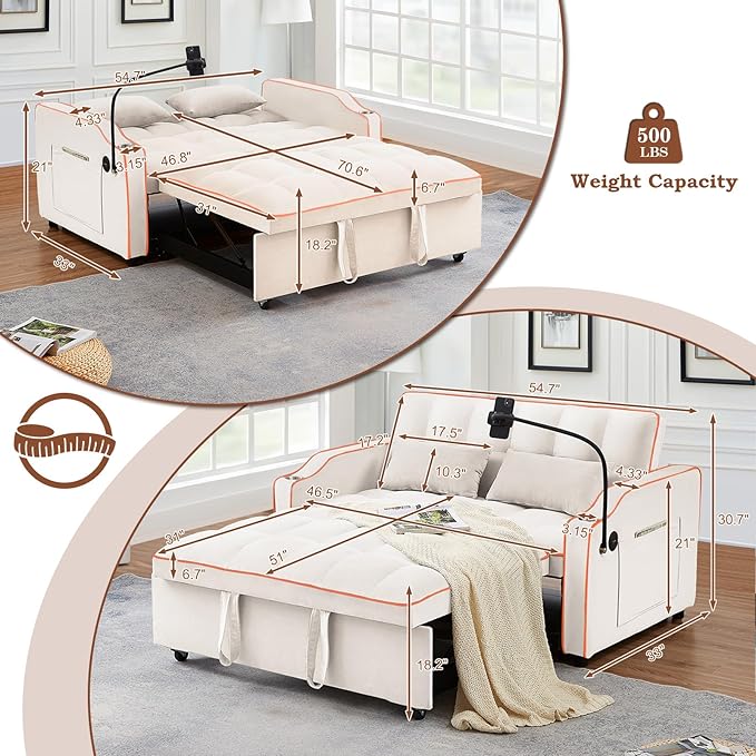 Pull Out Sofa Bed with Phone Holder Convertible Velvet Loveseat Sleeper with 2 USB Charging Ports Modern Futon Couch with Cup Holders and Adjustable Backrest Small Love Seat for Living Room Beige
