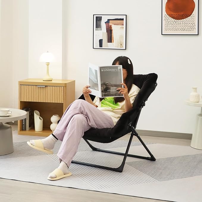 Comfy Saucer Chair for Adults Soft Faux Fur Bedroom Chair with Ottoman Accent Dorm Chairs Living Room Reading Chairs and Footstool Folding Seat for Teens X-Large Black