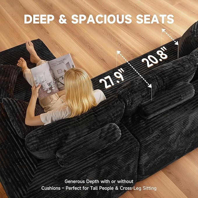 108 Modular Cloud Sofa High-Density Foam Sectional Couch Oversized Convertible L-Shaped Sofa Bed with Plush Fabric Deep Seats Wide Armrests Boneless Couches for Living Room Black