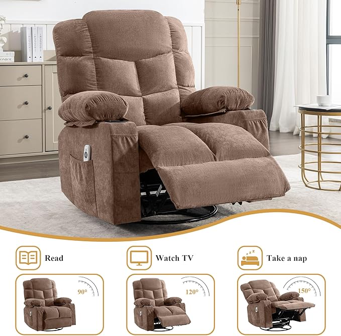 Oversized Massage Swivel Recliner Chair with Lumbar Heating for Living Room Rocker Recliner Single Sofa with Cup Holders and USB Charge Port Large Big Chair Recliners for Adult