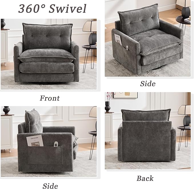 360° Swivel Accent Chair36.22” Swivel ArmchairSquare Accent Barrel Chair with Side Pockets - Upholstered Comfy Single Sofa Chair for Living Room Bedroom Reading Nook (Gray)