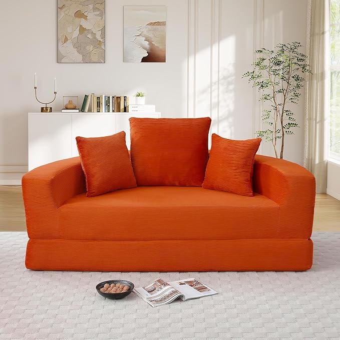 67” Oversized Round Sofa Bed 2 in 1 Convertible Circle Bed Folding Futon Lazy Floor Round Chaise Lounge Chair Comfy Corduroy Boneless Loveseat Couch for Living Room Apartment No Assembly (Orange)