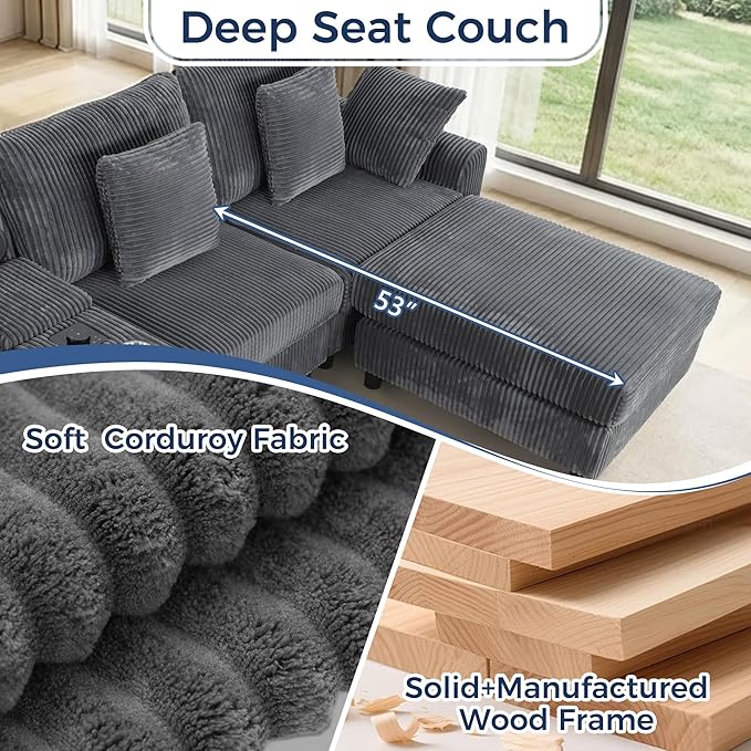 114 Corduroy Modular Sectional Sofa with Bluetooth Speakers &amp USB Ports Deep Seat L Shaped Couch with Storage Console Cup Holders Movable Ottoman Cloud Comfy Gaming Sofa for Living Room (Gray