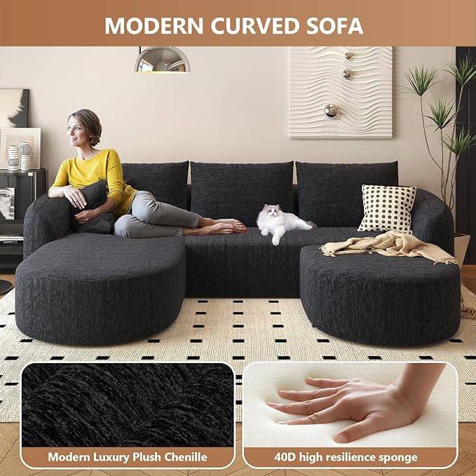 111 U Shaped Modern Modular Sectional Curved Sofa with Ottoman Minimalist Style Comfy Cloud Couch for Living Room Apartment No Assembly Required Boneless Couches (BlackLeft Facing Chaise)