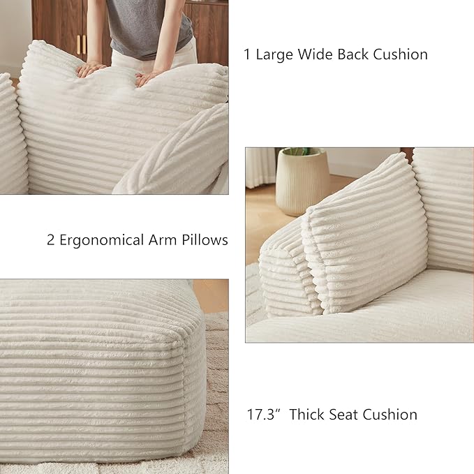 45.3W Boneless Chaise Lounge Sofa Chair Indoor Oversized Corduroy Reading Cloud Couch with Soft Pillows Comfy Single Seat Floor Sleeper Sofa Bed for Living Room Apartment Office Small Spaces
