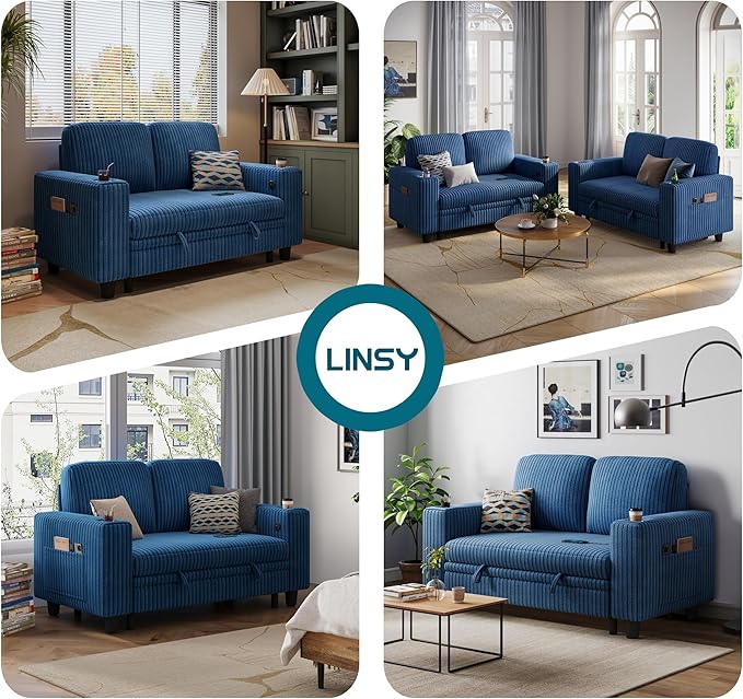 LINSY HOME Loveseat Sofa with Pull Out Couch Chaise: 2-in-1 Convertible 2 Seater Sofa with USB Charging &amp Cup Holders Comfy Plush Corduroy Love Seat for Small Spaces Living Room Apartment Blue