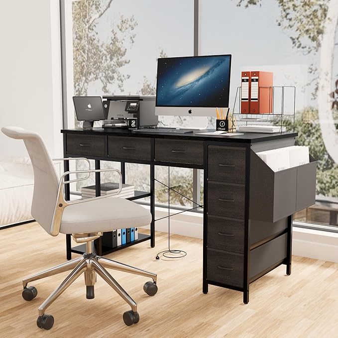 47.3 Computer Desk with 7 Drawers Extra Large Side Pocket and Power Outlets Ideal for Home Office Study or Gaming Black