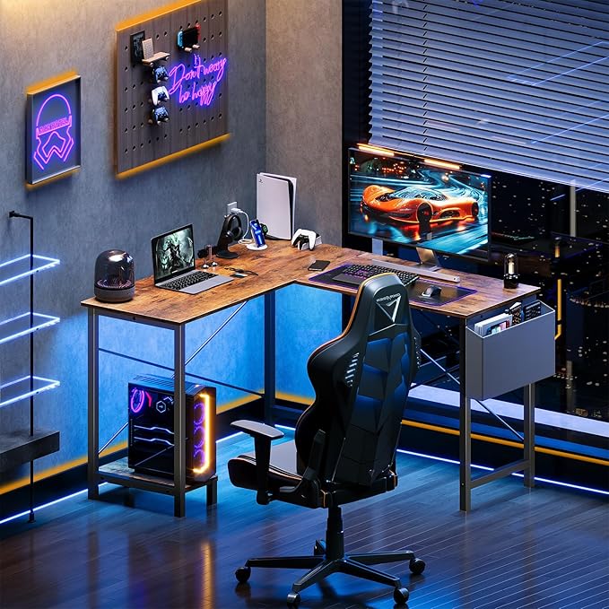 DUMOS L Shaped Desk Computer Gaming Corner Table 50 Inch Home Office Writing Student Work PC Workstation with Side Storage Bag CPU Stand for Bedroom Small Spaces