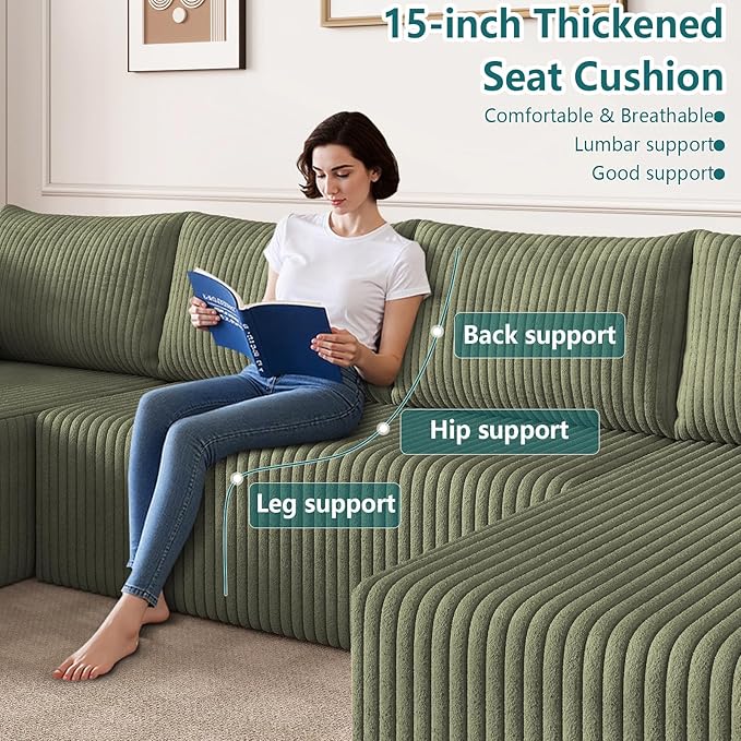 124 U-Shape Cloud Couch Modern Modular Sectional U-Shape Sofa Corduroy Boneless Couch Upholstered Couches Deep Seat Sleeper Chaise Longue for Living Room No Assembly RequiredGreen