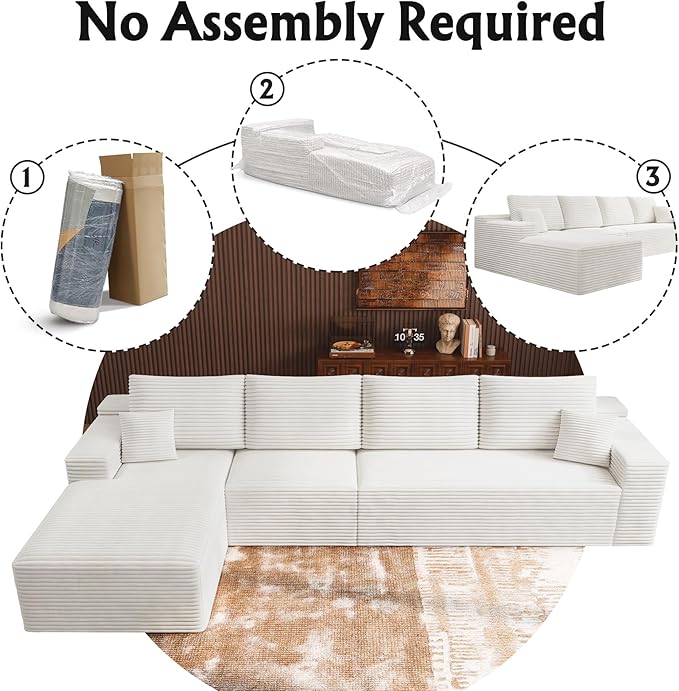 3-Piece Boneless Modular Sectional Sofa Cloud Couch with Left Facing Chaise Oversized Deep Seat Soft Corduroy Fabric Sectional Couch for Living Room-White