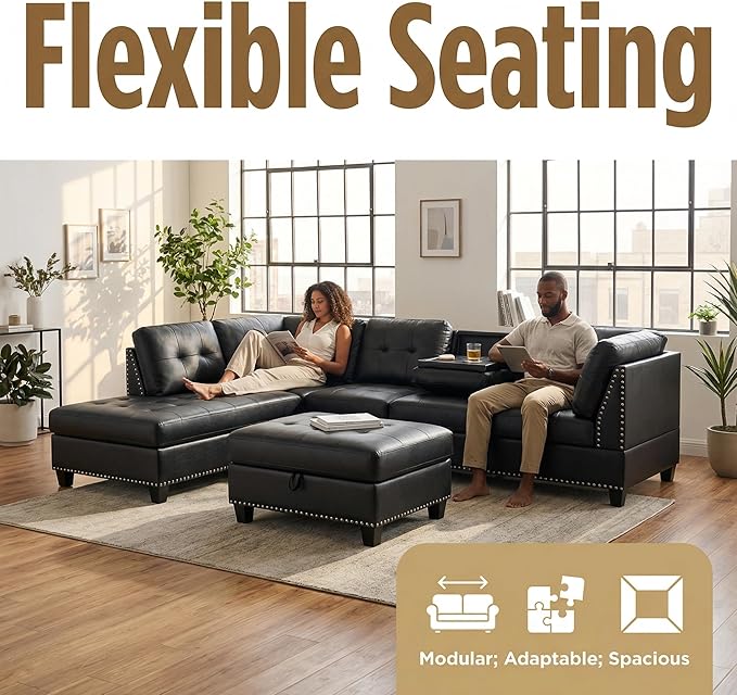 L-Shaped Sectional Sofa with Movable Chaise &amp Storage Ottoman - 3-Piece Leather Modular Convertible Couch for Living Room Apartment &amp Home Office Gloss Black