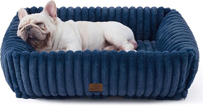 Bedsure ComfyFleece™ Cute Dog Beds Large Sized Dog - Washable Furry Pet Beds Rectangle Orthopedic Corduroy Fleece Puppy Beds with Removable Zipper Cover 30x24x8 inchesNight Blue