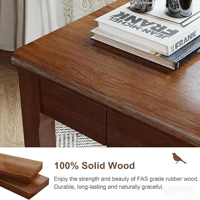 39 Inch Solid Wood Writing Desk with Drawers - Narrow Desk for Small Spaces Mid Century Modern Computer Desks Wooden Vintage Desks Study Table for Home Office Bedroom Walnut