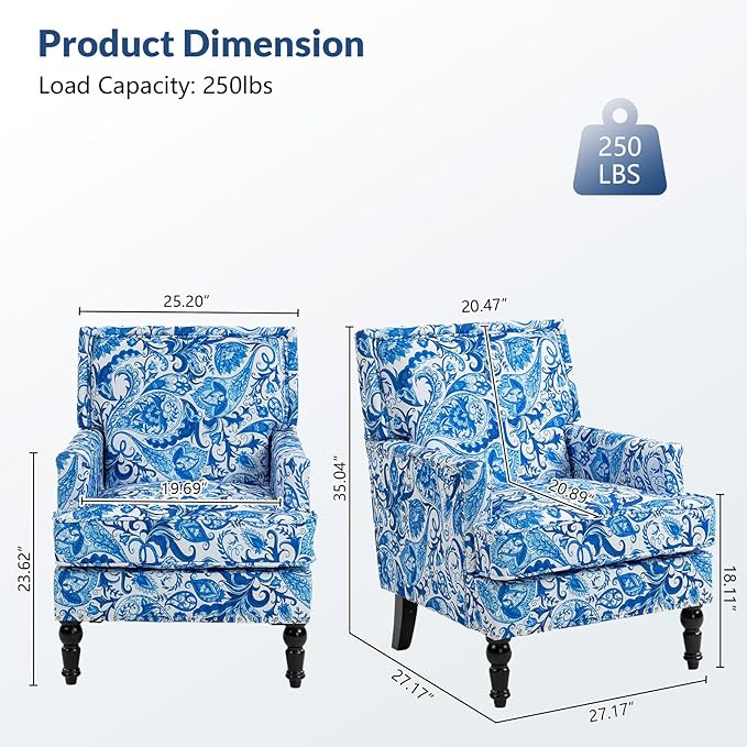 Rovibek Midcentury Modern Accent Chair - High Back Living Room Chairs Upholstered Armchair with Solid Legs Blue and White Porcelain Printed Accent Chairs for Bedroom Living Room Balcony