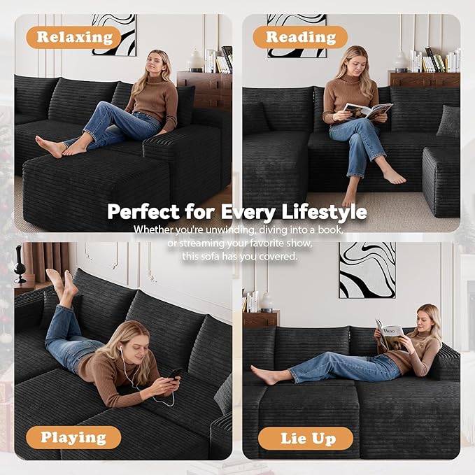 94 Corduroy Upholstered Boneless Couches with Chaise/2 Ottoman Oversized Modular Sectional Sofa with Deep Seat Cloud Sectional Fluffy Couches for Living Room No Assembly Required (Black) | Removab