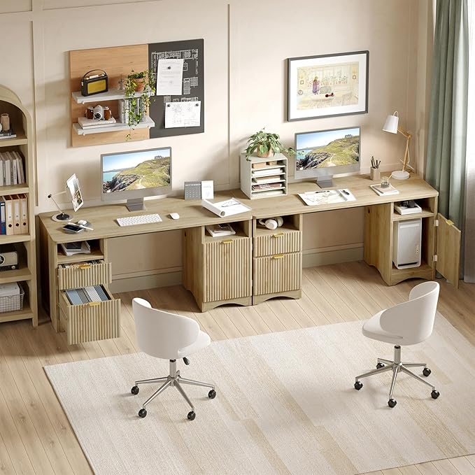 Bestier Computer Desk with 2 Drawer 59 inch Office Desk with Storage Cabinet &amp 2 Open Storage Fluted Executive Desk for Home Office &amp Studio Brown Oak