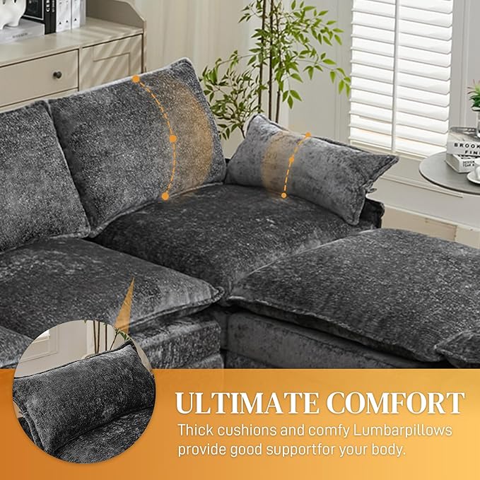 121 U Shaped Modular Sectional Sofa with Movable Ottomans Comfy Fluffy Cloud Chenille Grey Sectional Couches for Living Room Cloud Couch Sectional Sofa with Memory Foam &amp Double Cushion
