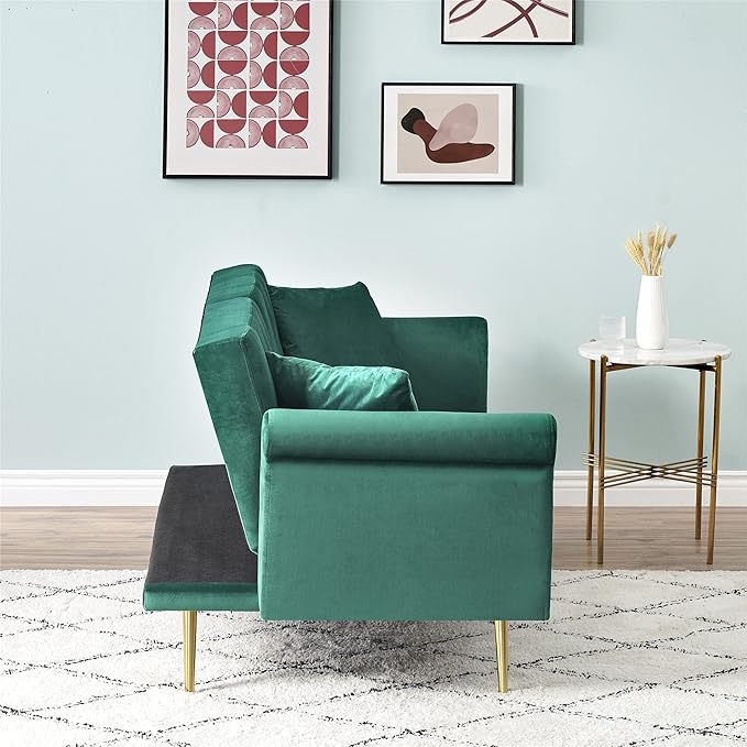 69.7'' Convertible Velvet Sleeper Sofa Bed Upholstered Futon Couch with Nail Head Trim and 2 Matching Throw Pillow for Living Room Bedroom Home Office (Green)