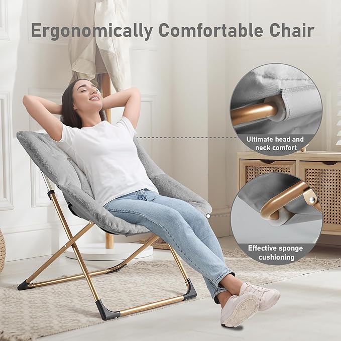 Comfy Oversized Saucer Chair Soft Faux Fur Reading Lounge Chair for Adults Stable X-Large Metal Frame and Non-Slip Pad Foldable Cozy Chairs for Bedroom Living Room Dorm Light Gray
