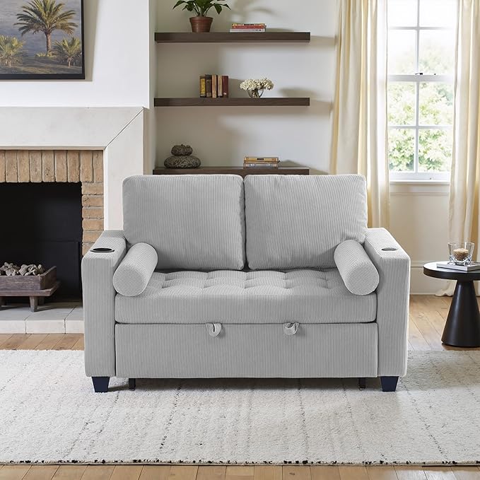 55 Convertible Sofa Bed Comfy Corduroy Sleeper Sofa with Pull-Out Bed 3-in-1 Loveseat Sleeper Sofa Bed with 3-Levels Adjustable Backrest Side Pocket Cup Holder USB for Living RoomLight Gray