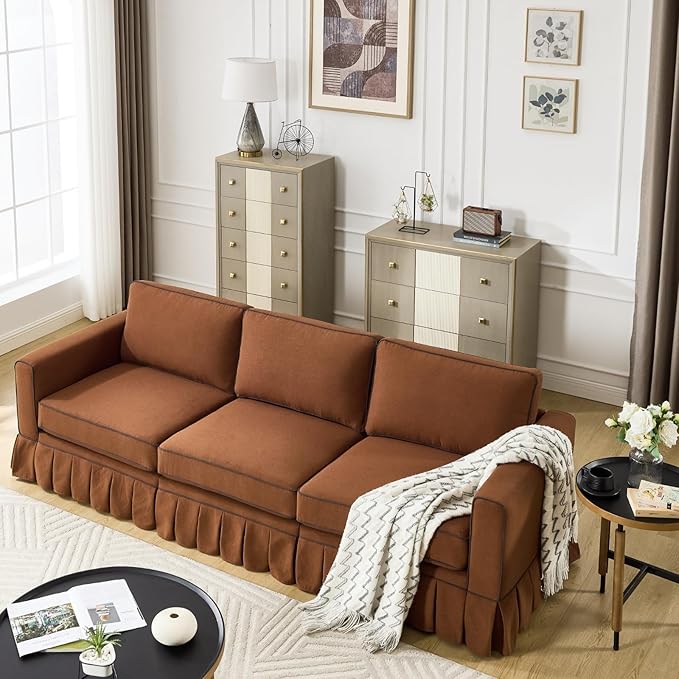 3 Seats Modular Sectional Sofa Couch 98 Modern Brown Linen Fabric Cloud Couches with Skirts &amp Washable Covers Oversized Upholstered Accent Sofa Couch with Deep Seat &amp Pillow for Living Room