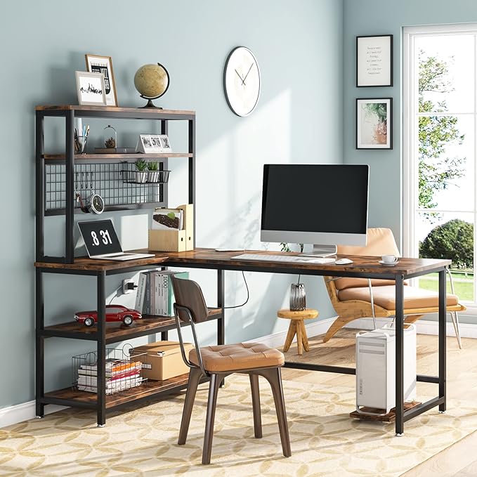 Tribesigns 55 L-Shape Computer Desk with Hutch and Wireless Charging Office Desk Study Table Writing Desk Workstation with 5 Shelves and Movable CPU Stand for Home Office (Brown)