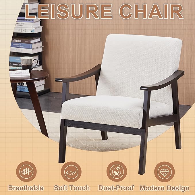 Medieval High Back Armchair Modern Accent Chair with Upholstered Seat Solid Wood Legs Comfortable Lounge &amp Reading Chair for Living Room Bedroom Home Office (White)