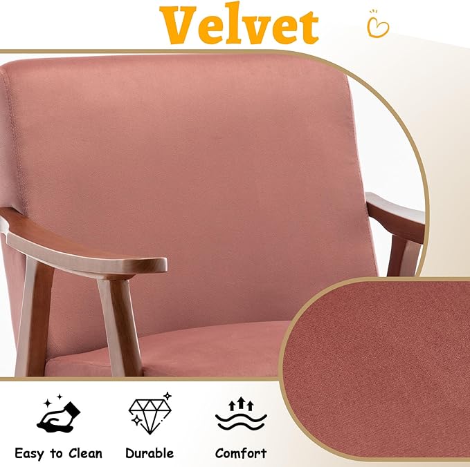 Mid Century Modern Accent Chair Upholstered Armchair Comfy with Wood Legs Siting Chair with Soft Cushion PU Leather Side Chairs for Living Room Bedroom Office (Velvet Rose)