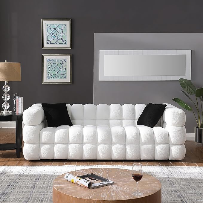 Comfy Marshmallow Loveseat Sofa3 Seater Boucle Cloud Couch with 2 Pillows Upholstered Love Seat with Throw Pillows Modern Living Sofa or Office Waiting Room (White)