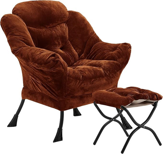 Lazy Chair with Folding Ottoman Accent Chair Plush Upholstered with Metal Structure and Non-Slip Pads Sofa Armchair with Footrest and Side Storage Bag for Dorm Room Office Brown