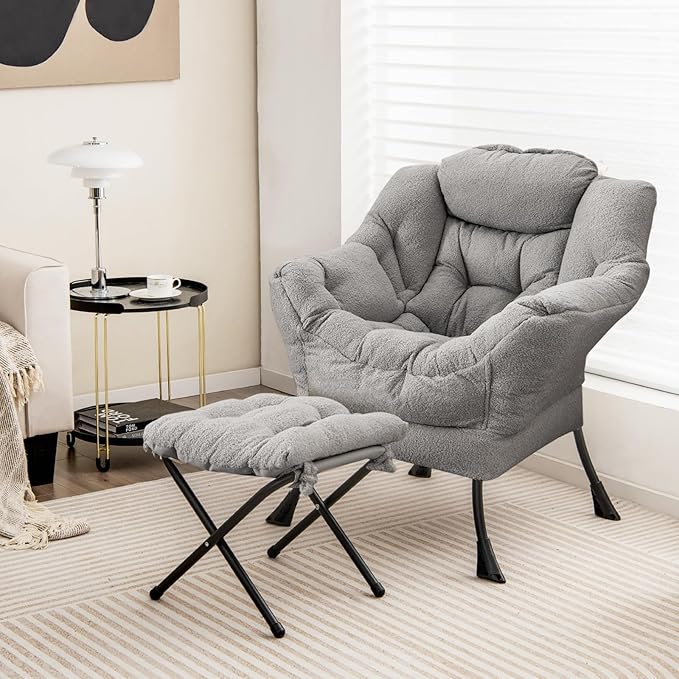 Giantex Set of 2 Lazy Chair with Folding Ottoman Modern Sherpa Accent Chair w/Armrests &amp Pocket Upholstered Single Sofa Chair Set Leisure Reading Lounge Chair for Living Room Bedroom (Grey)