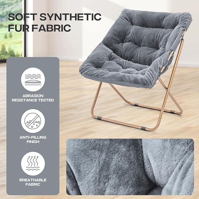 Cozy Saucer Chair Living Room Chair Faux Fur Soft Thick Padded Folding Chair Comfortable Square Moon Chair for Living Room Bedroom Reading Nook Modern Style 2 Pack Gray