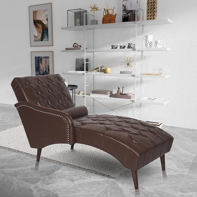 Luxury Indoor Recliner Chair with Pillow &amp Wooden Legs - Tufted Back &amp Arms PU Leather Lounge Chair for Living Room/Bedroom (Dark Brown)