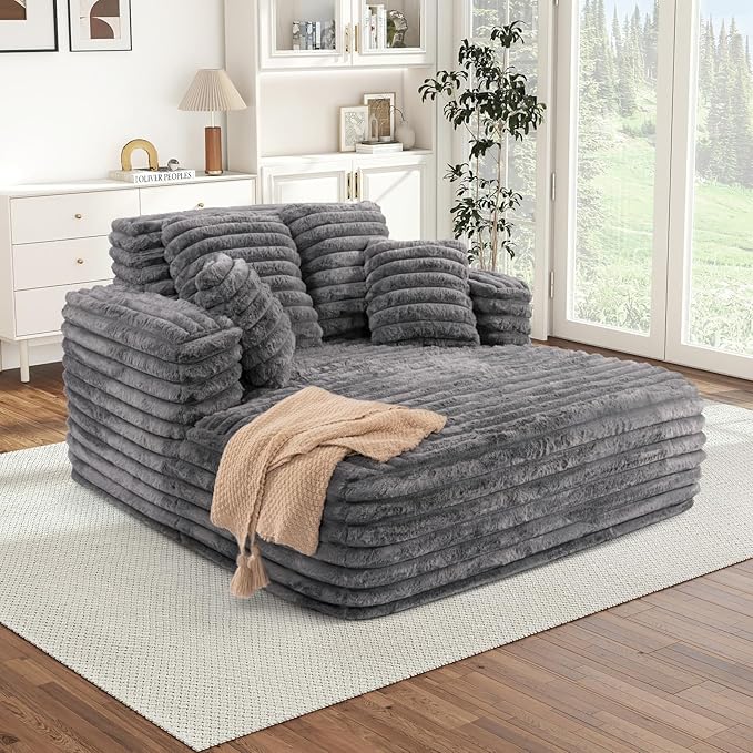 Chaise Lounge Chair Indoor Comfy Corduroy Plush Fluffy Foam Floor Compressed Sofa Chair Leisure Reading Single Sleeper Chaise Chair for Living Room Bedroom Office Pillows Included (Grey)