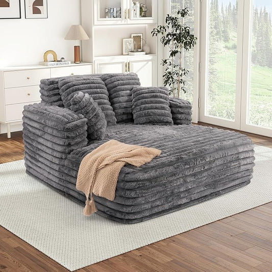 Chaise Lounge Chair Indoor Comfy Corduroy Plush Fluffy Foam Floor Compressed Sofa Chair Leisure Reading Single Sleeper Chaise Chair for Living Room Bedroom Office Pillows Included (Grey)